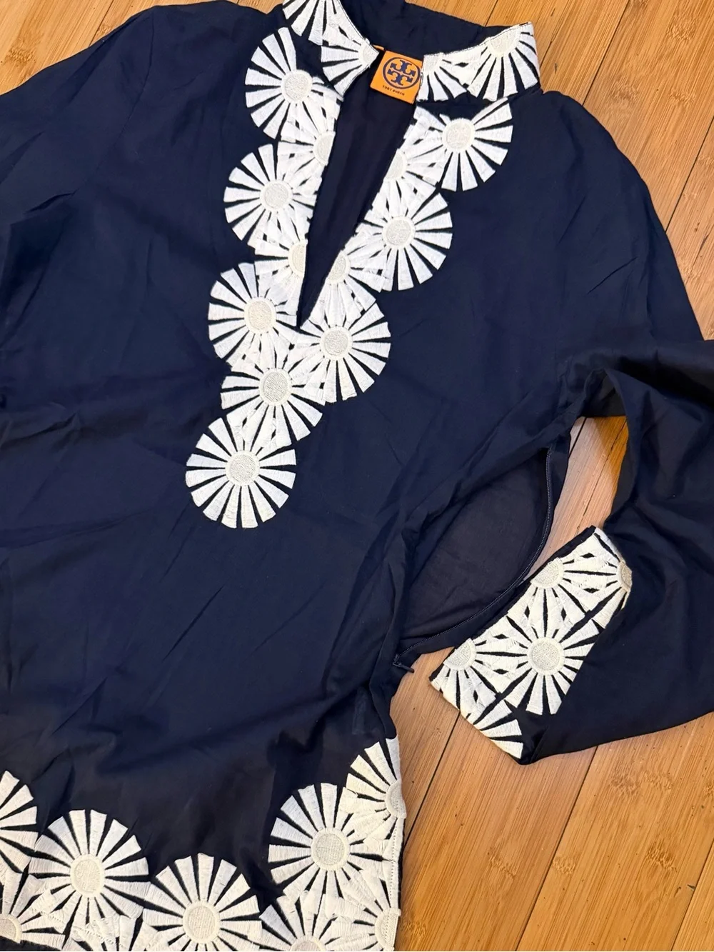Tory Burch Navy Tunic Top Embroidered Trim Size 12